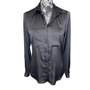 MNG Mango Black Satin Button Front Blouse Career Office Minimalist Top Shirt